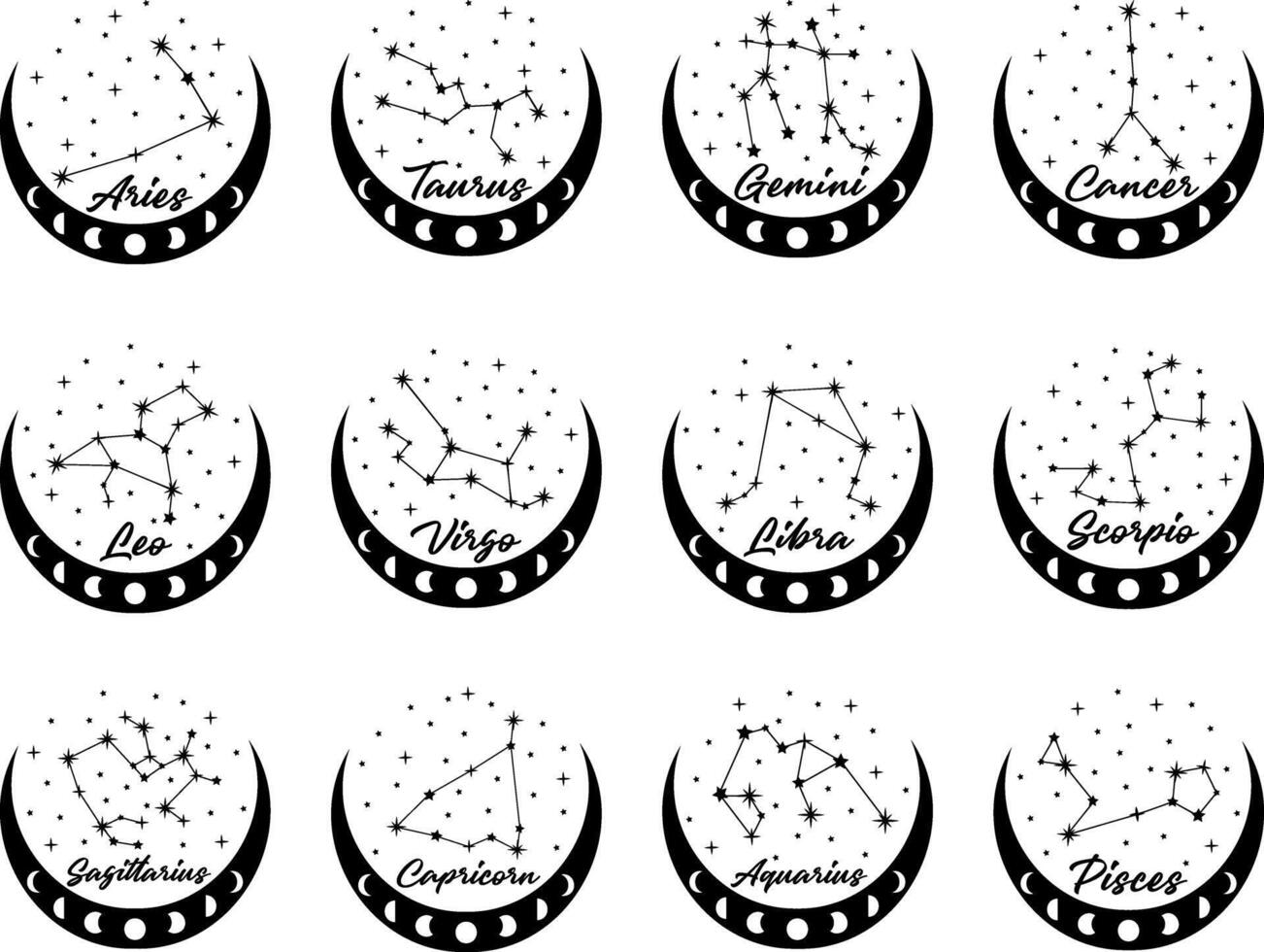 Semicircular Icons of Zodiac Constellations and Celestial Bodies Set Inspired by Astrology and Mythology. illustration vector