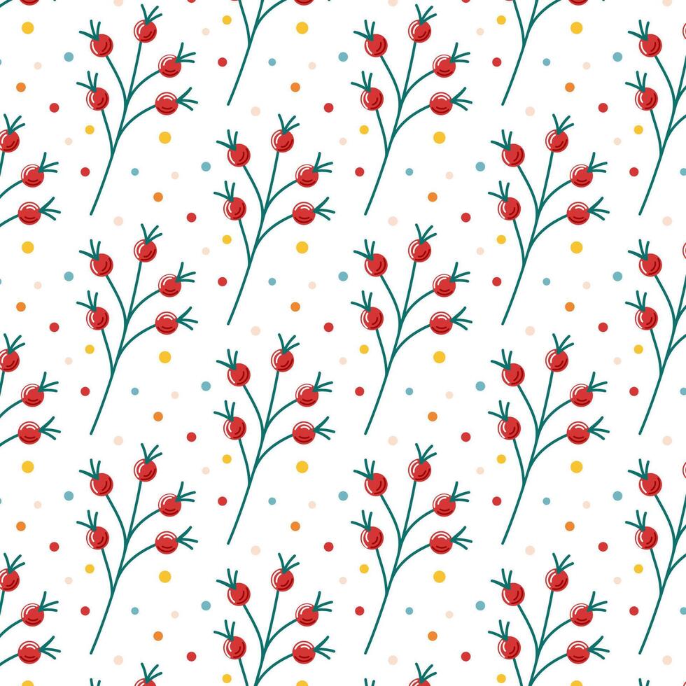 Winter seamless pattern with red berries of rowan and in flat style. Autumn design for postcards, paper printing, textiles. illustration on a white background. vector