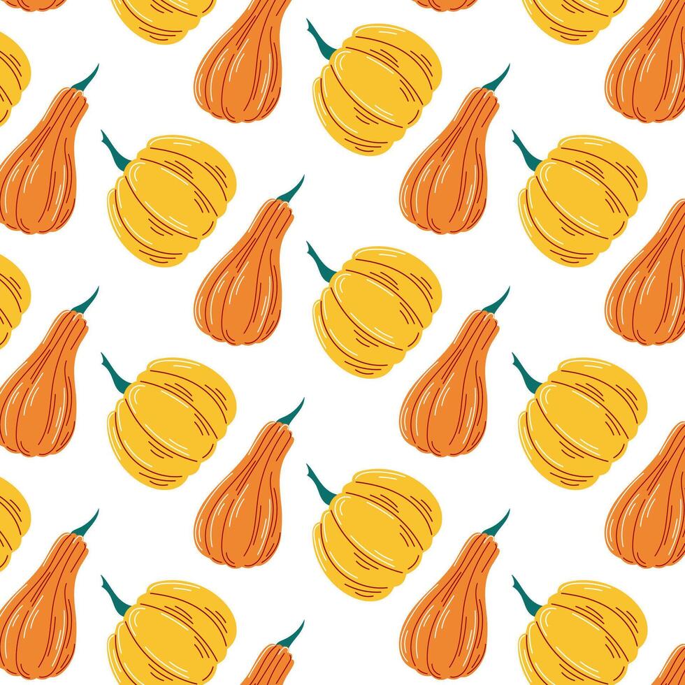 Orange and yellow pumpkins seamless pattern in flat style. Autumn seasonal botany and veggies. illustration on a white background. vector