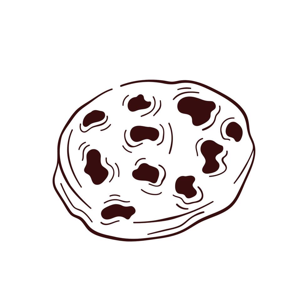 Chocolate chip cookie in line art style. Crunch homemade biscuit design for bakery. illustration isolated on a white background. vector