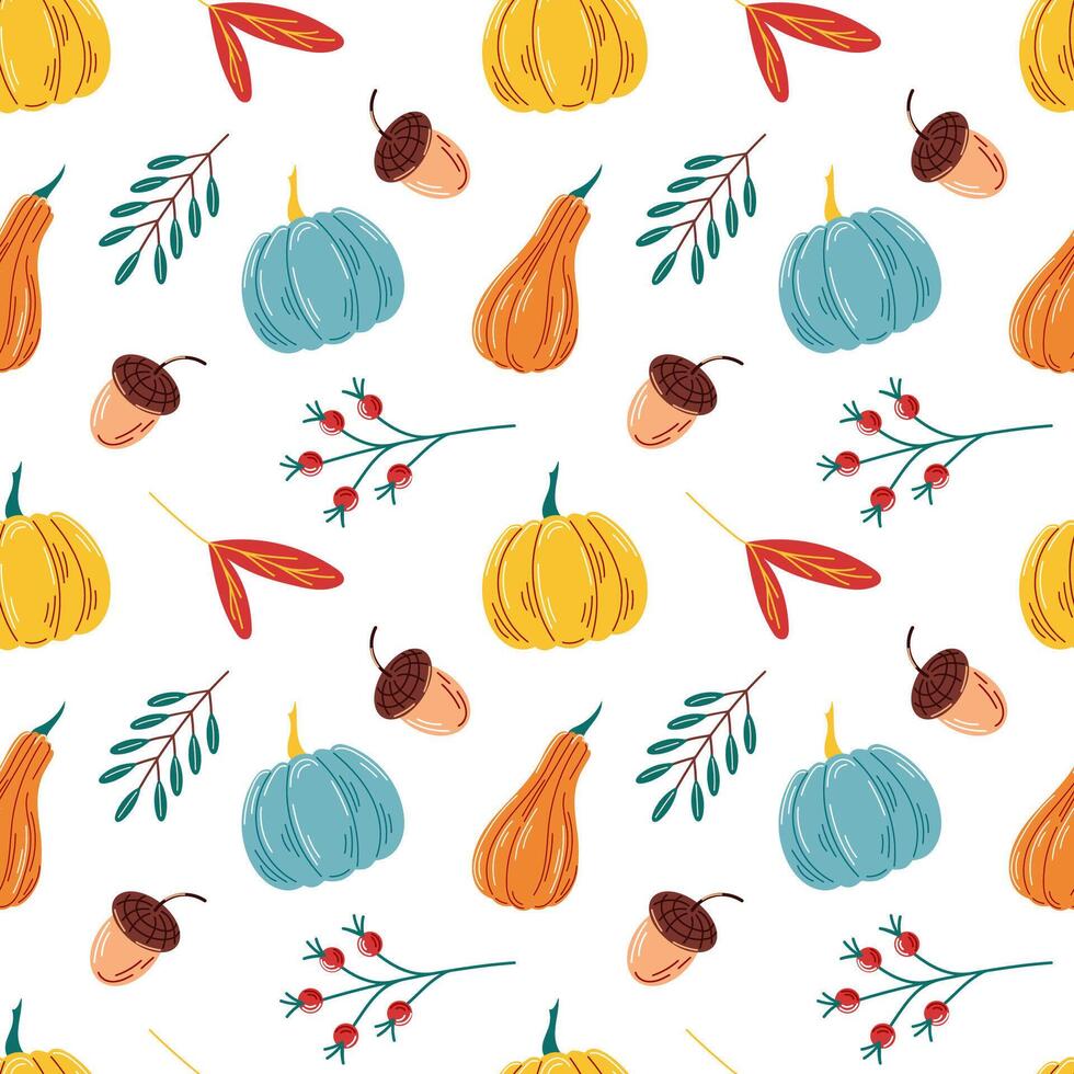 Cute autumn seamless pattern in flat style. Background design with leaves, acorns, rowan, pumpkin, berries. illustration. vector
