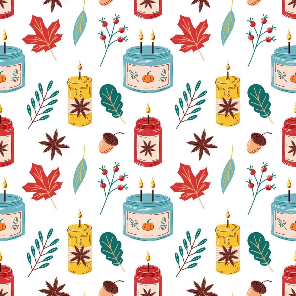 Seamless pattern with candle in a glass cup. Burning candle with leaves, acorn, rowan berry and cinnamon. Autumn design. illustration on a white background. vector