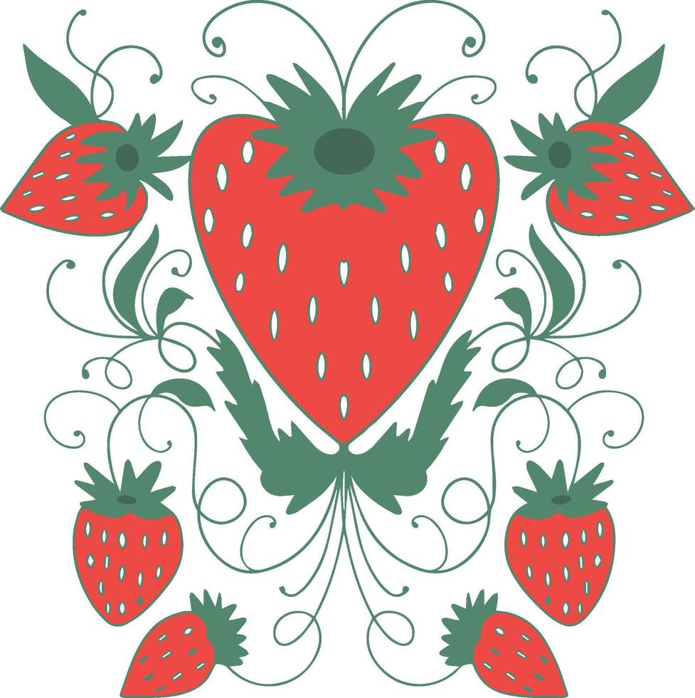 Strawberry leaves flowers doodle hand drawn graphics vector