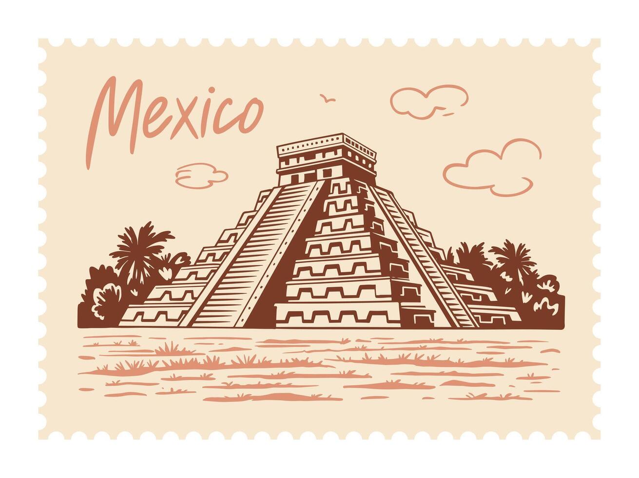 El Castillo Chichen Itza, Mayan pyramid in Yucatan, Mexico. Illustration of ancient Mayan pyramids in the jungle during daytime. Postage stamp vector