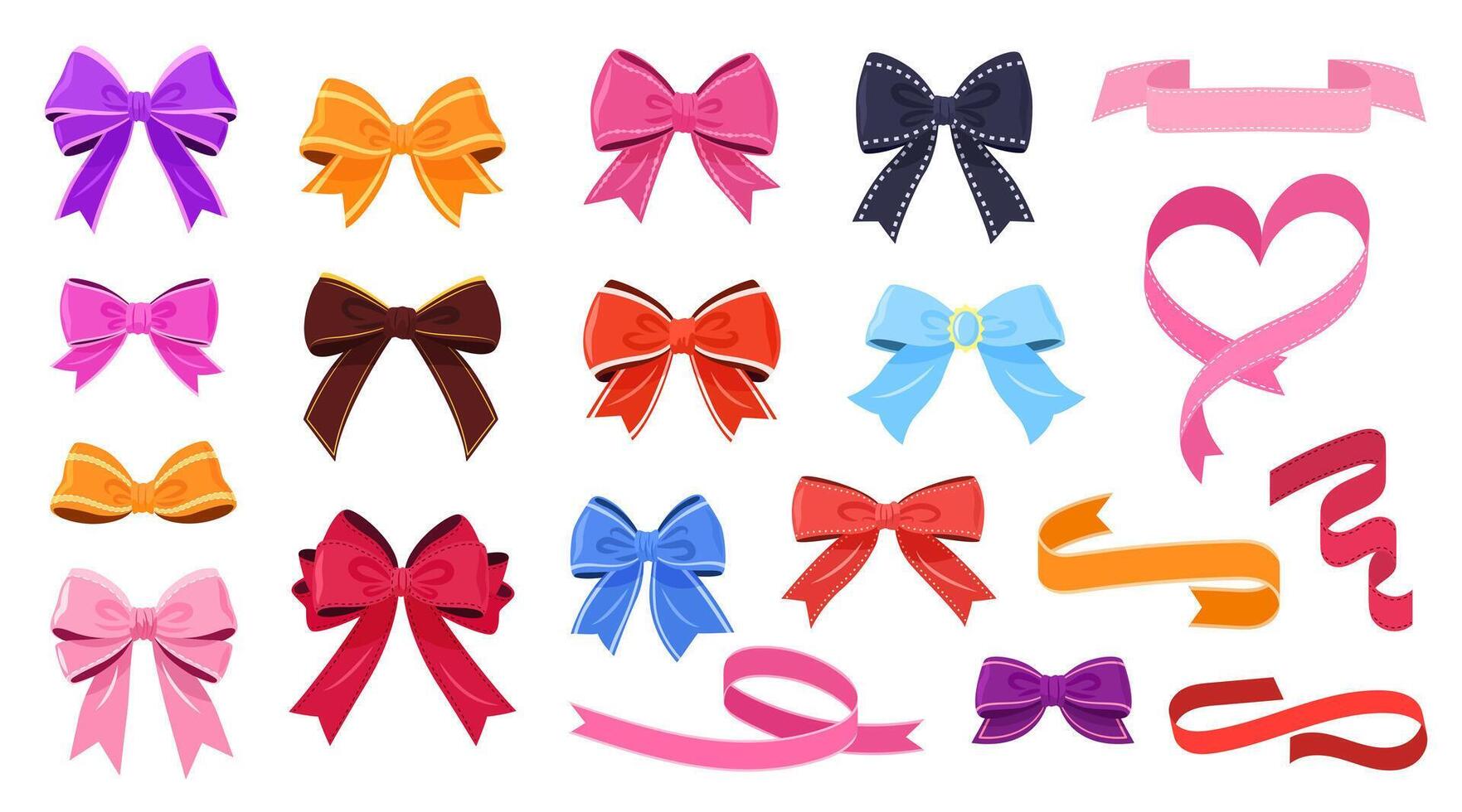 Multicolored bowknot and ribbons collection. isolated gift bows on a white background. These festive illustrations can be used for decoration, celebrations, weddings and party designs. vector