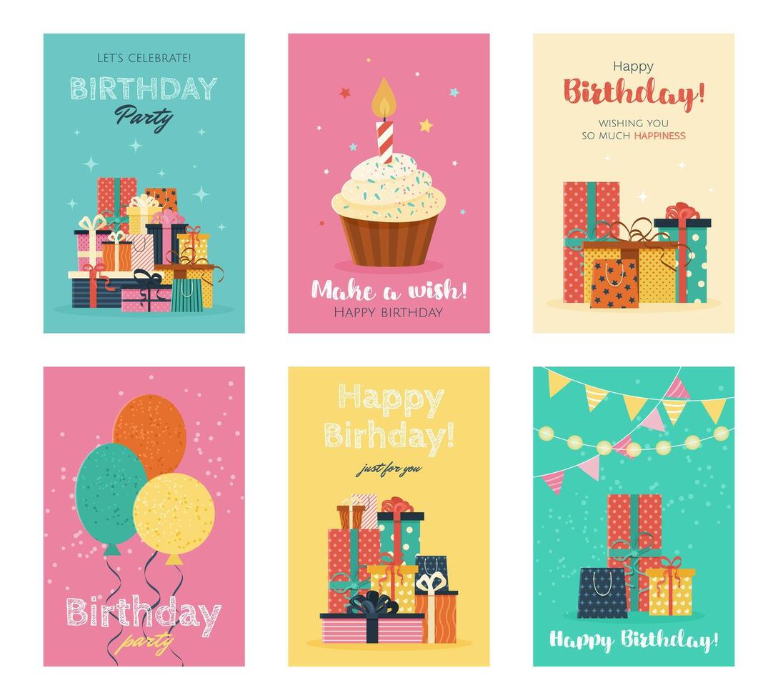 Set of Happy Birthday greeting cards or party invitations. isolated multicolored flat illustrations. postcards with various gift boxes, balloons, cupcake. Layered templates. Invitation concept. vector