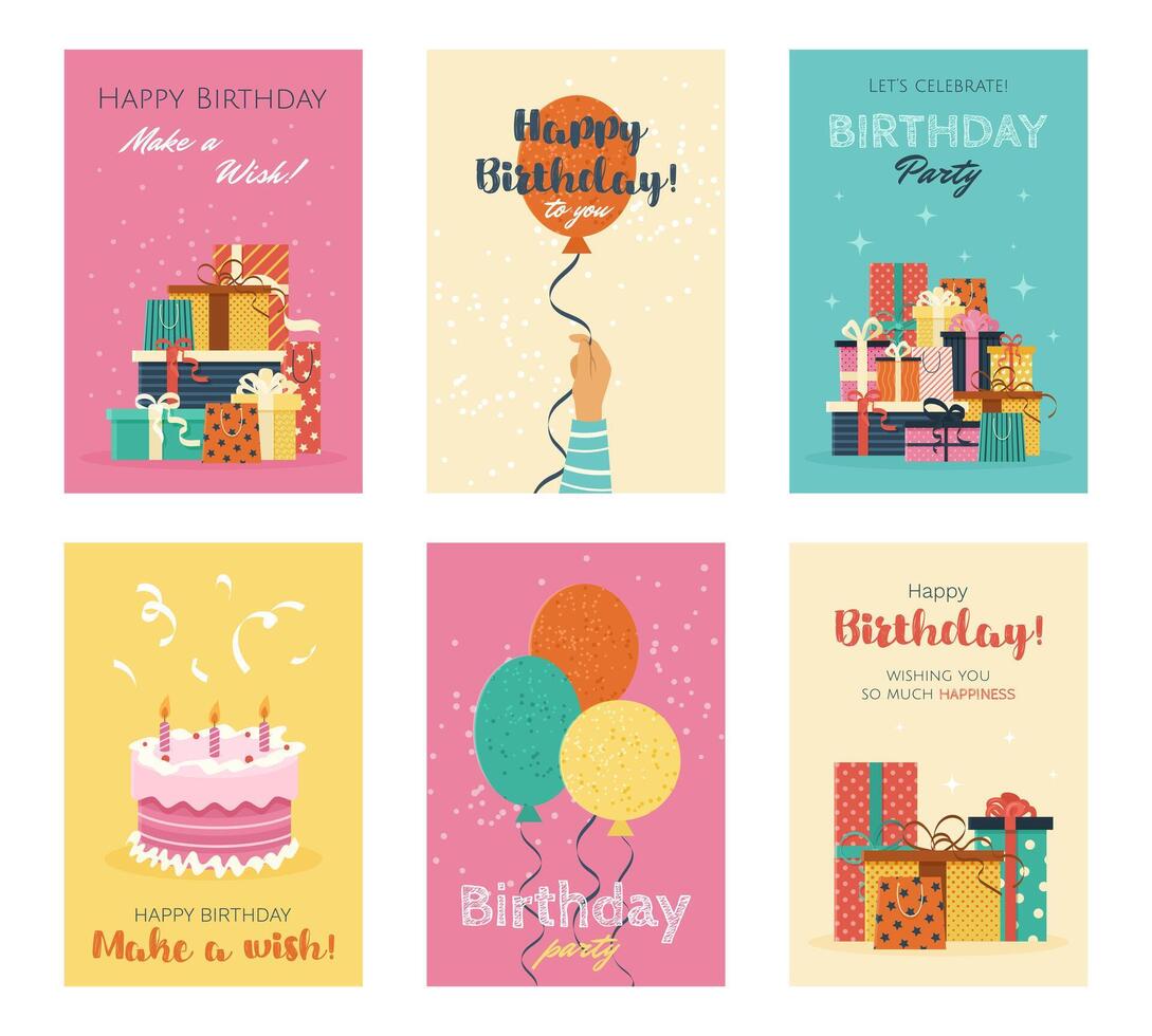 Set of Happy Birthday greeting cards or party invitations. isolated multicolored flat illustrations. postcards with various gift boxes, balloons, cake. Layered templates. Invitation concept. vector