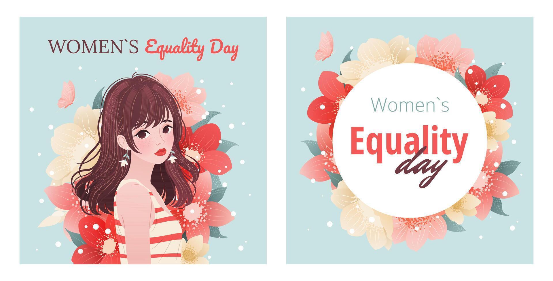 National Womens Equality Day Banner. 2 Square backgrounds with Young Woman, Summer Flowers and Butterfly. August 26. Cartoon illustrations for Womens Rights, Equality, and Empowerment. vector