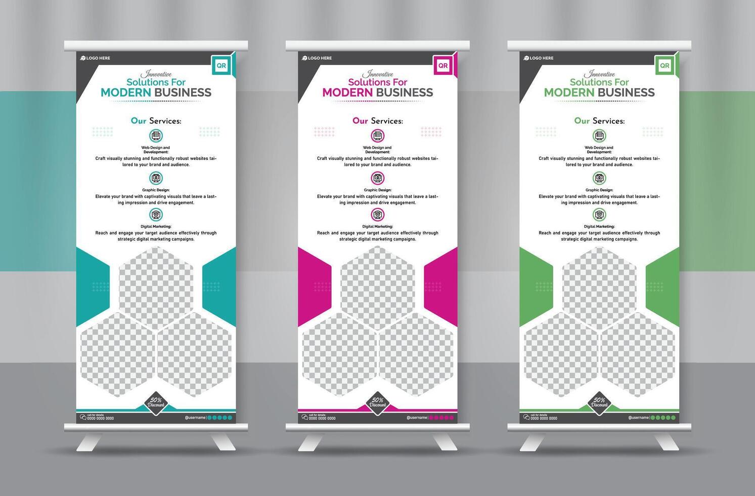 Elegant and Modern Roll Up Banners Design Templates for Business Promotions vector