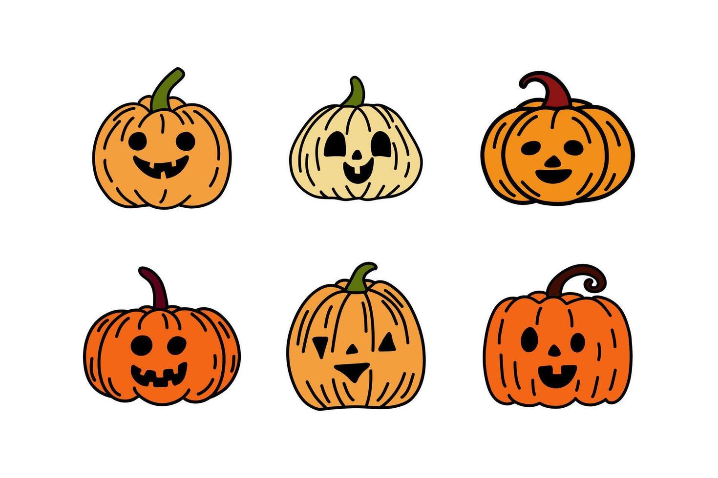 Halloween Pumpkin head set. Cute and scary pumpkin monster set. Autumn Holidays doodle jacks lantern isolated on white background. vector