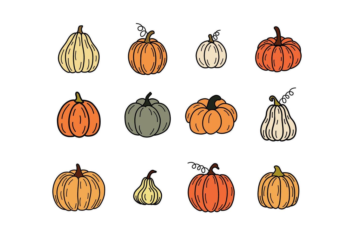 Autumn set of colorful various doodle pumpkins in flat style isolated on white background. vector