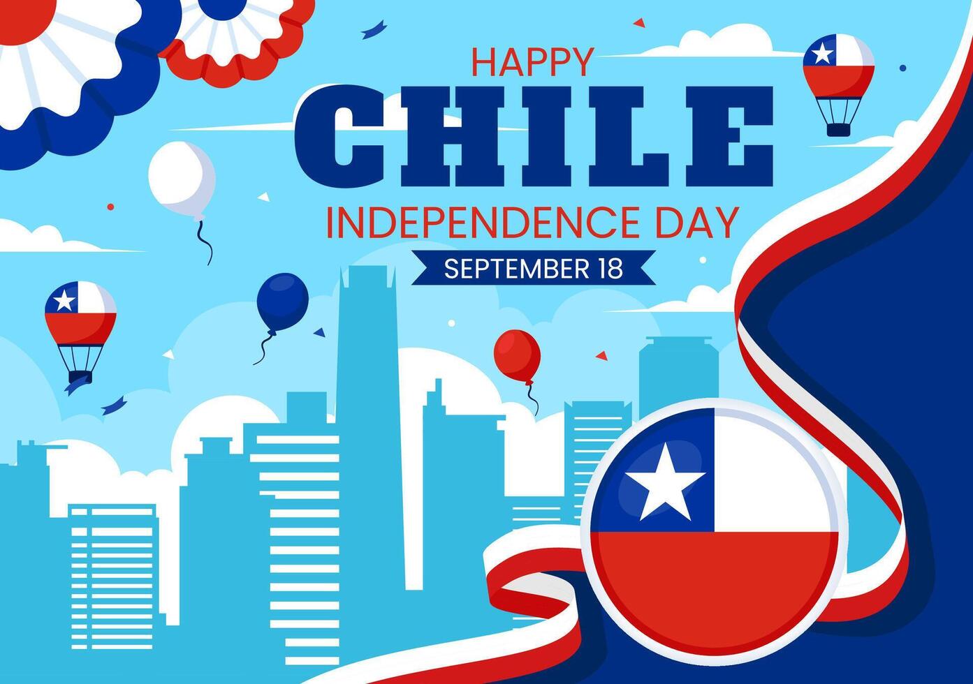 Translation Happy Chile Independence Day Illustration. with Waving Flag and Ribbon in National Holiday Flat Style Cartoon Background vector