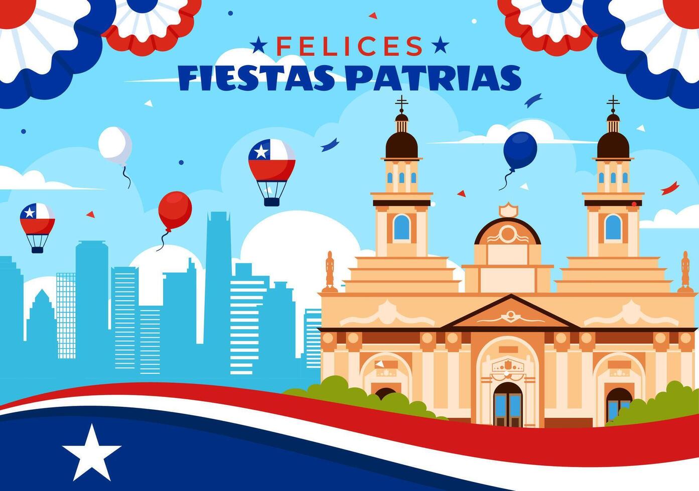 Translation Happy Chile Independence Day Illustration. with Waving Flag and Ribbon in National Holiday Flat Style Cartoon Background vector