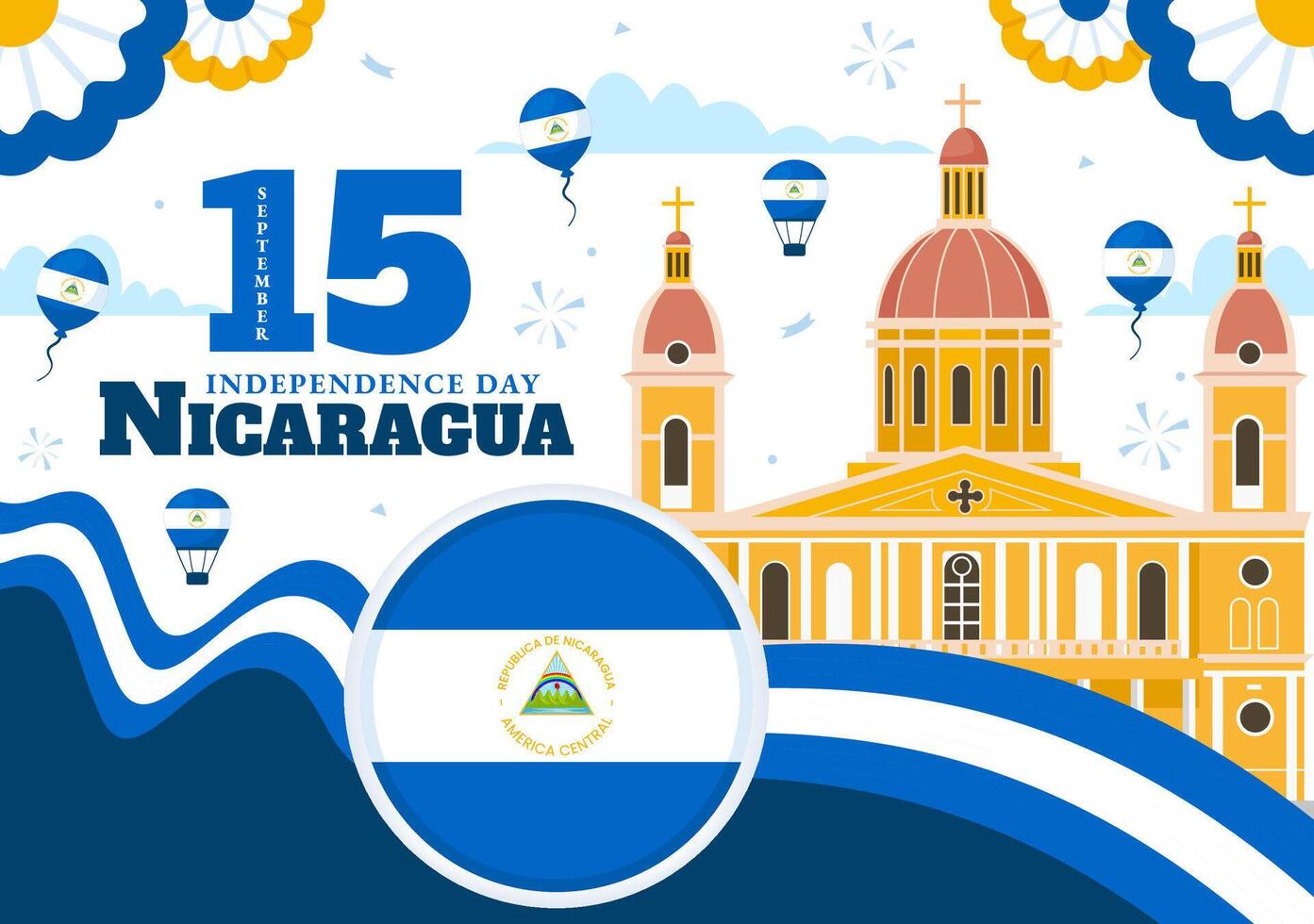 Nicaragua Independence Day Illustration on September 15 with Waving Flag and Ribbon in a National Holiday Flat Style Cartoon Background vector