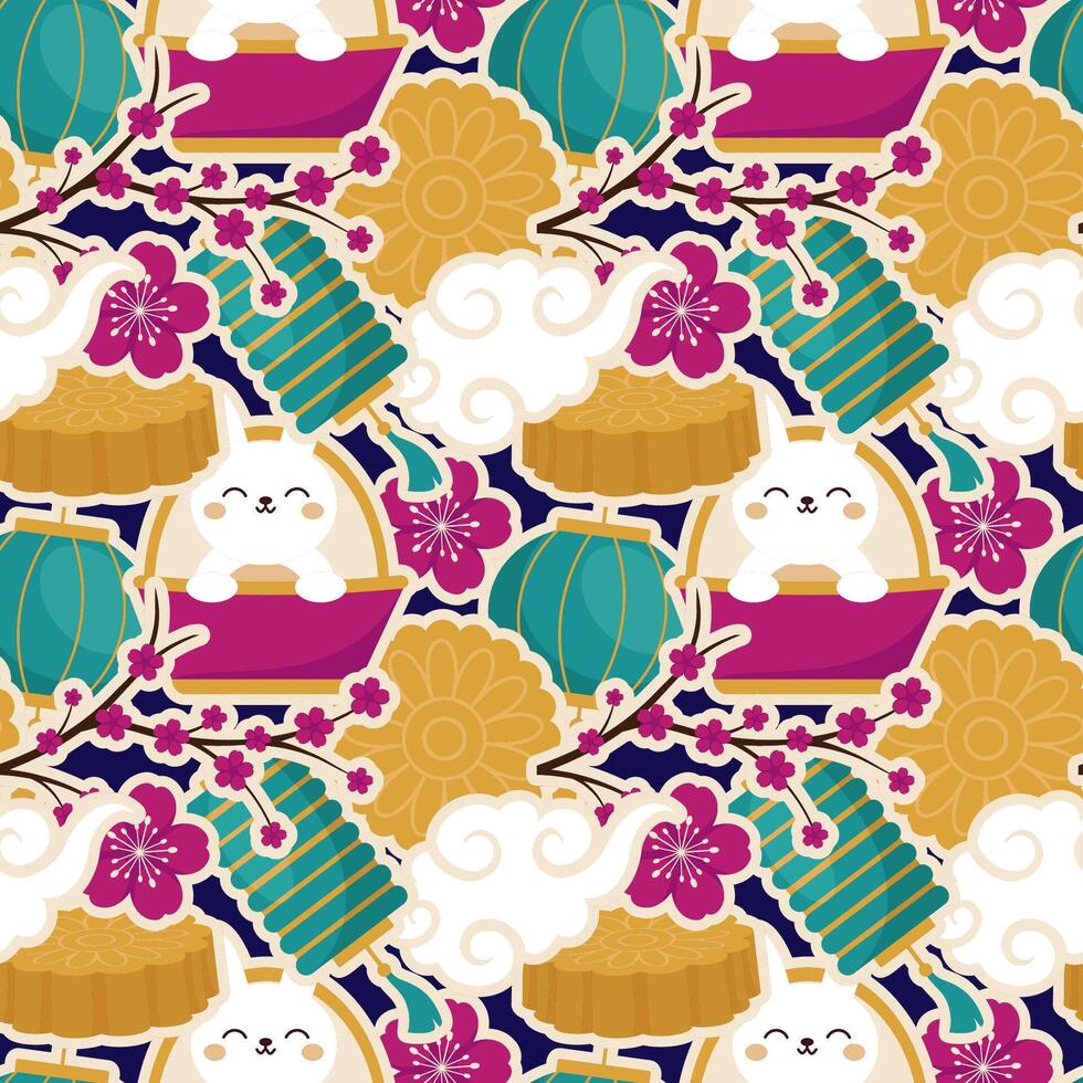 Mid Autumn Seamless Pattern Design with Decorative Elements in Hand Drawn Cartoon Flat Illustration Template vector
