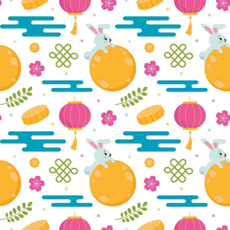 Mid Autumn Seamless Pattern Design with Decorative Elements in Hand Drawn Cartoon Flat Illustration Template vector
