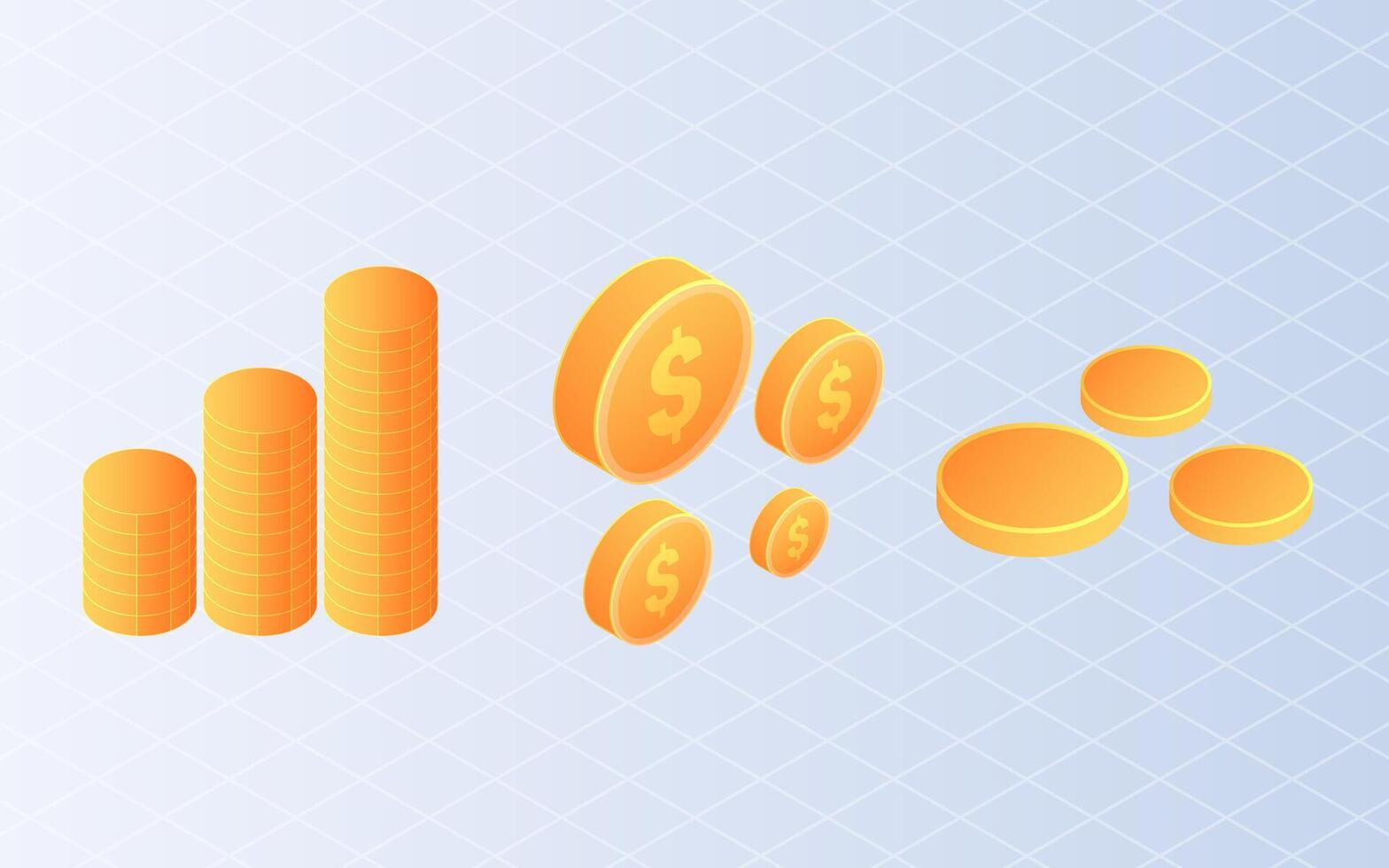 Isometric golden coins pile. Stack of gold coin on white background vector