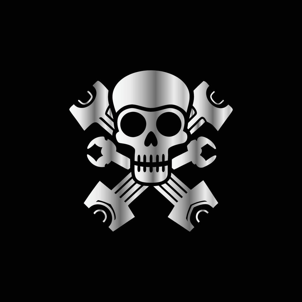 Skull with crossed pistons and gears. illustration on black background. vector