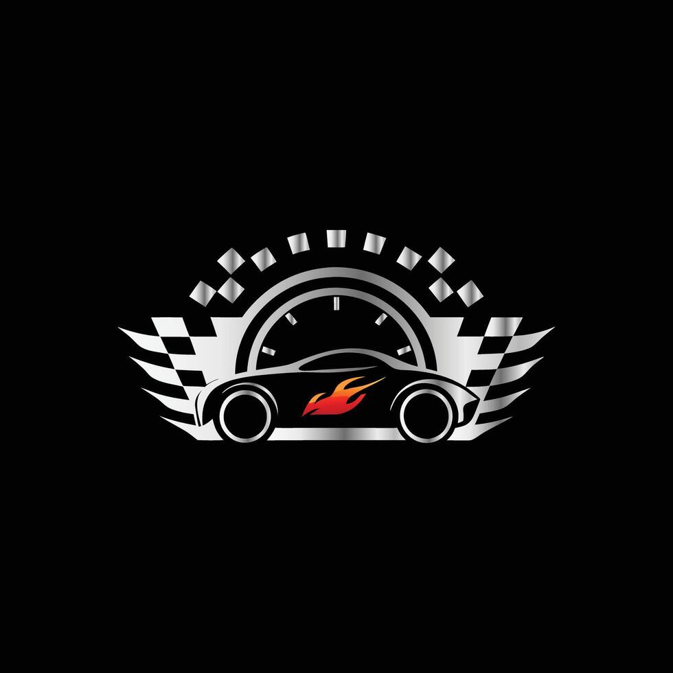 Car racing logo with speedometer, race car and checkered flag vector