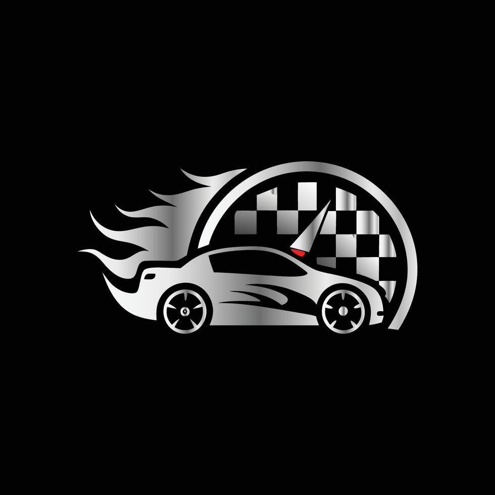Car racing logo with speedometer, race car and checkered flag vector
