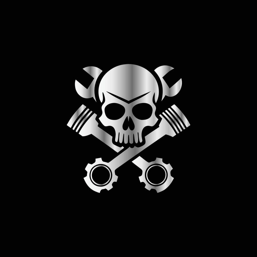 Skull with crossed pistons and gears. illustration on black background. vector