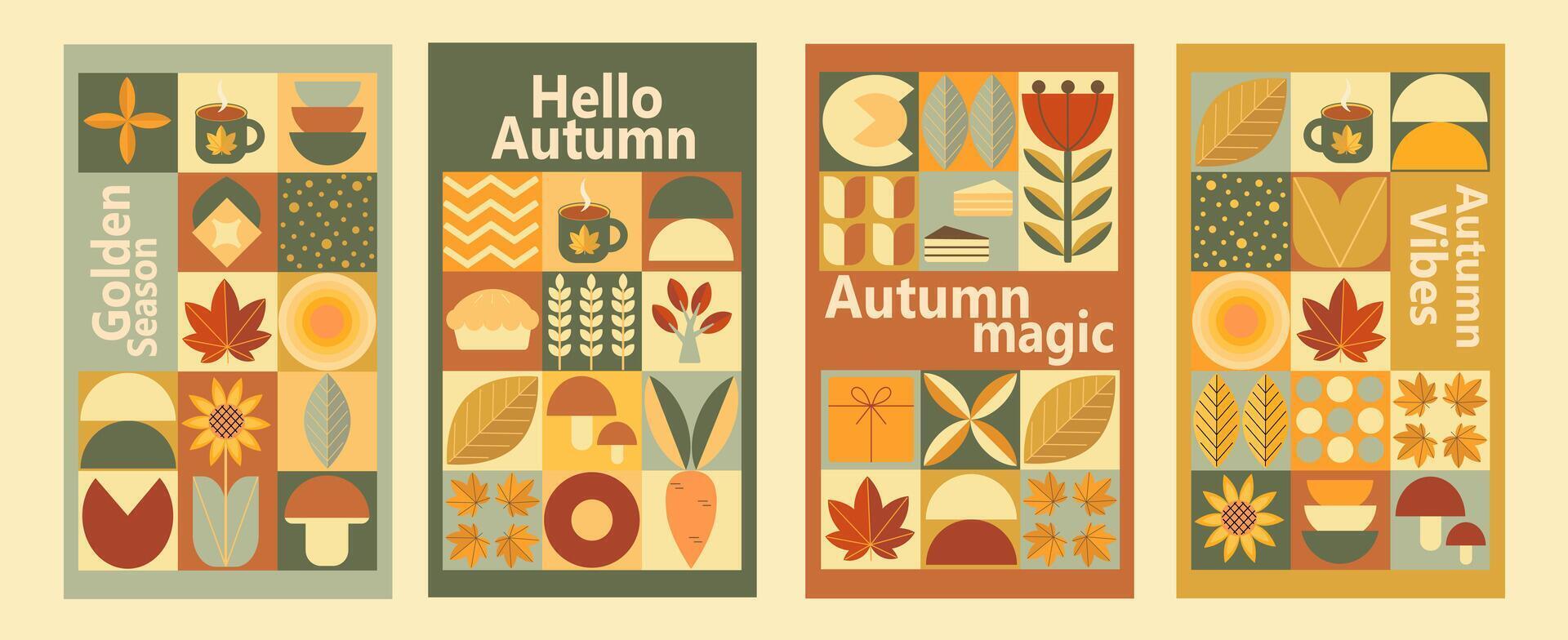 Autumn set. Hello autumn background concept. Poster for sale, banner, cover, flyer. Autumn phrase with cute cozy design elements. vector
