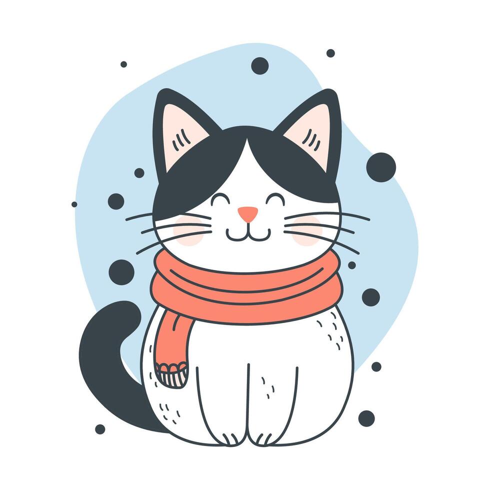Cute Adorable Grey Cat Animal Cartoon Character Wearing Scarf with Smiling Expression vector