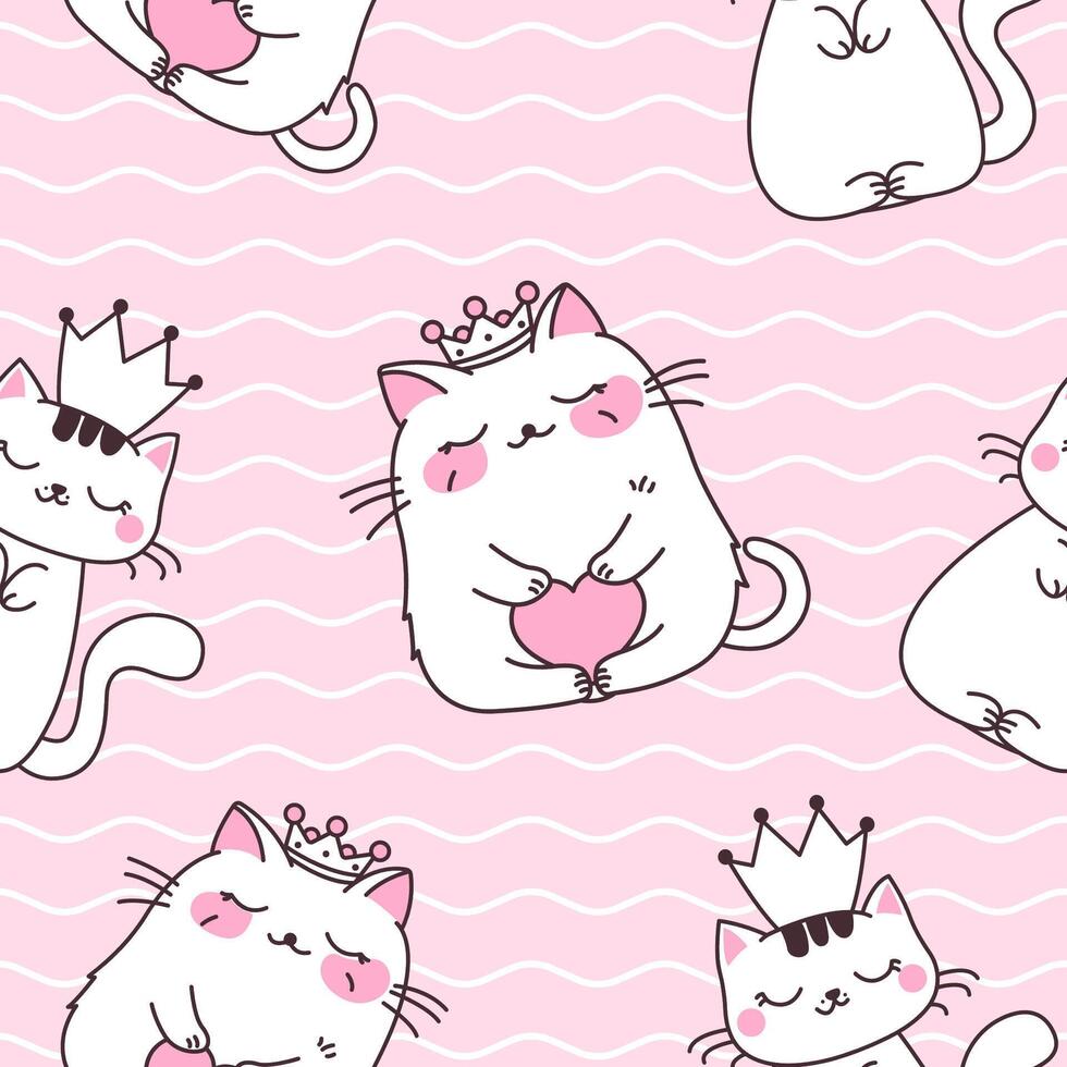 Seamless Pattern of Cute Love Cat Wearing Crown with Wavy Lines on Pink Background vector