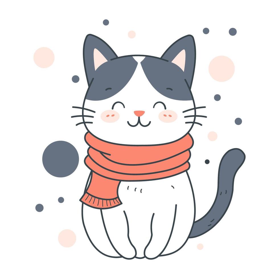 Cute Adorable Grey Cat Animal Cartoon Character Wearing Scarf with Smiling Expression vector
