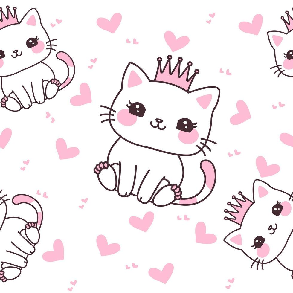 Seamless Pattern of Cute Cat Wearing Crown with Pink Love Decoration vector