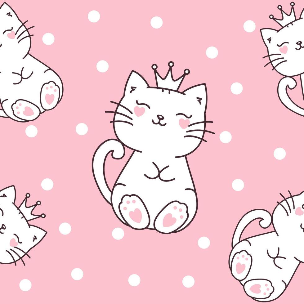 Seamless Pattern of Cute Cat Queen Wearing Crown with Snow Polka Dots Decoration on Pink Background vector