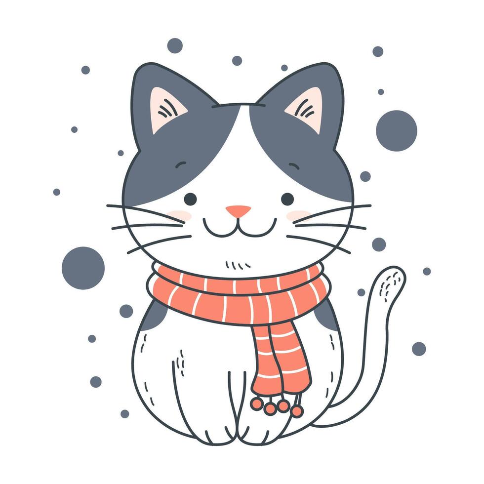Cute Adorable Grey Cat Animal Cartoon Character Wearing Scarf with Smiling Expression vector