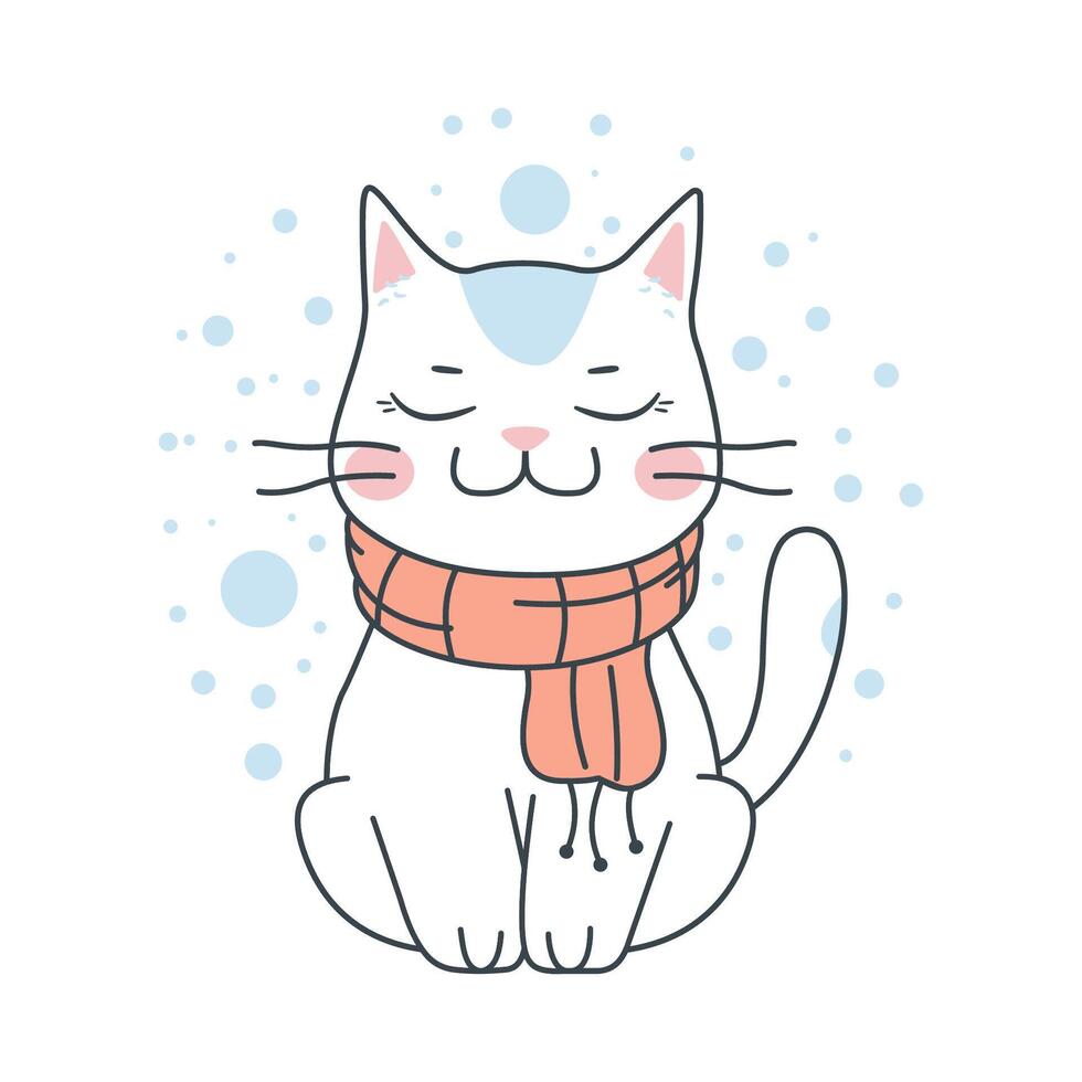 Cute Adorable White Cat Cartoon Character Wearing Scarf in Winter with Smiling Expression vector