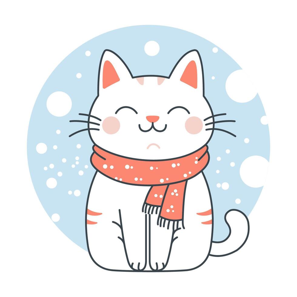 Cute Adorable White Cat Cartoon Character Wearing Scarf in Winter with Smiling Expression vector
