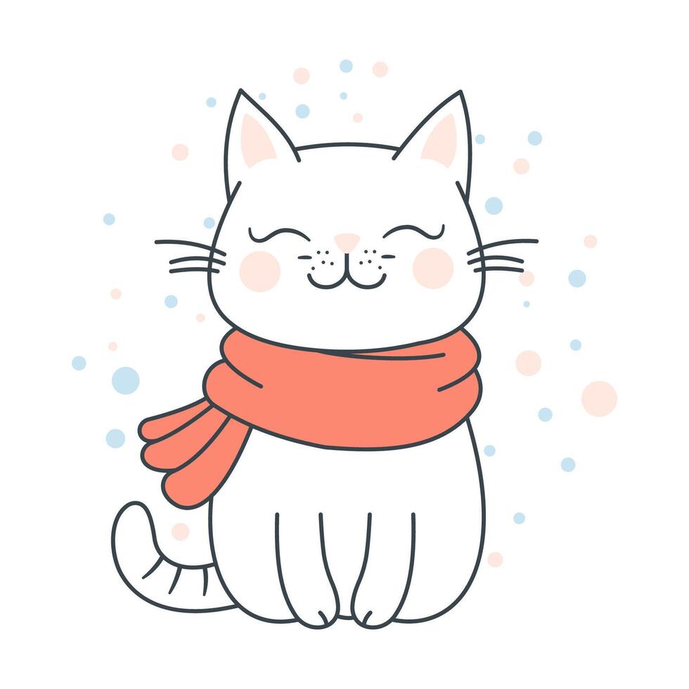 Cute Adorable White Cat Cartoon Character Wearing Scarf with Smiling Expression vector