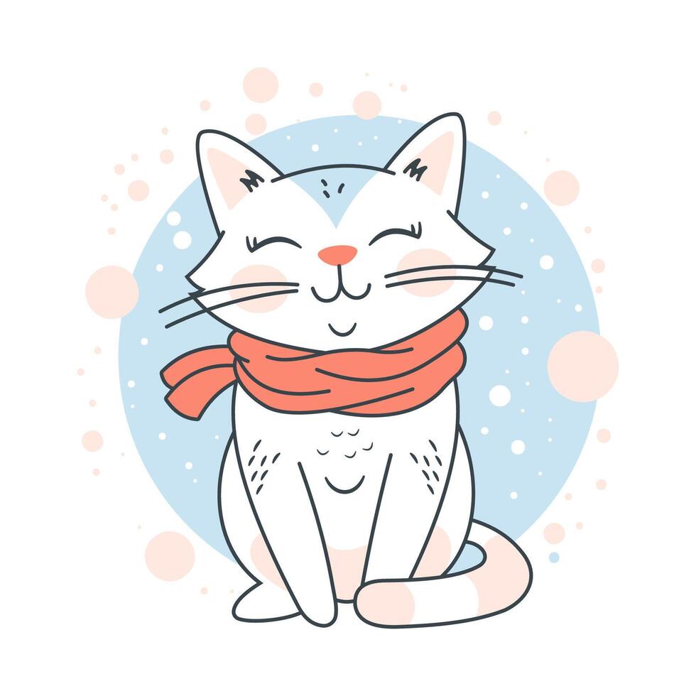 Cute Adorable White Cat Cartoon Character Wearing Scarf in Winter with Smiling Expression vector