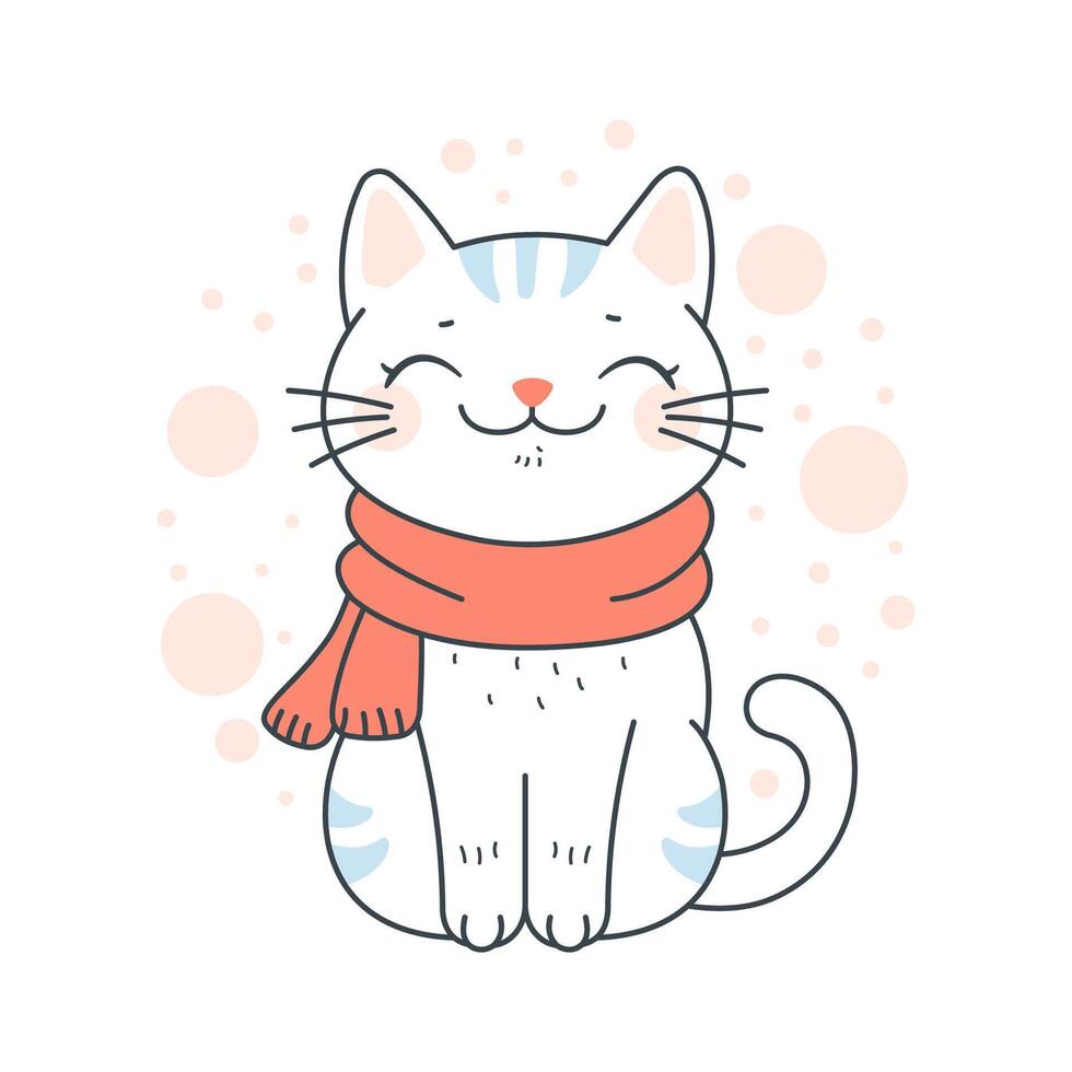 Cute Adorable White Cat Cartoon Character Wearing Scarf with Smiling Expression vector