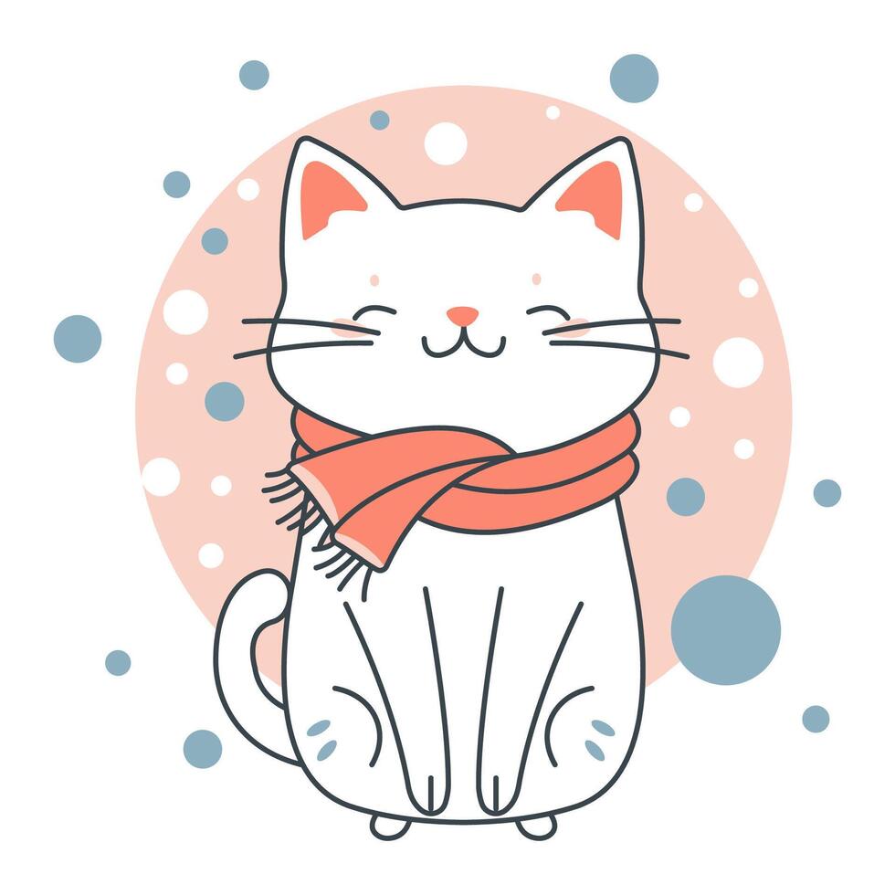 Cute Adorable White Cat Cartoon Character Wearing Scarf in Winter with Smiling Expression vector