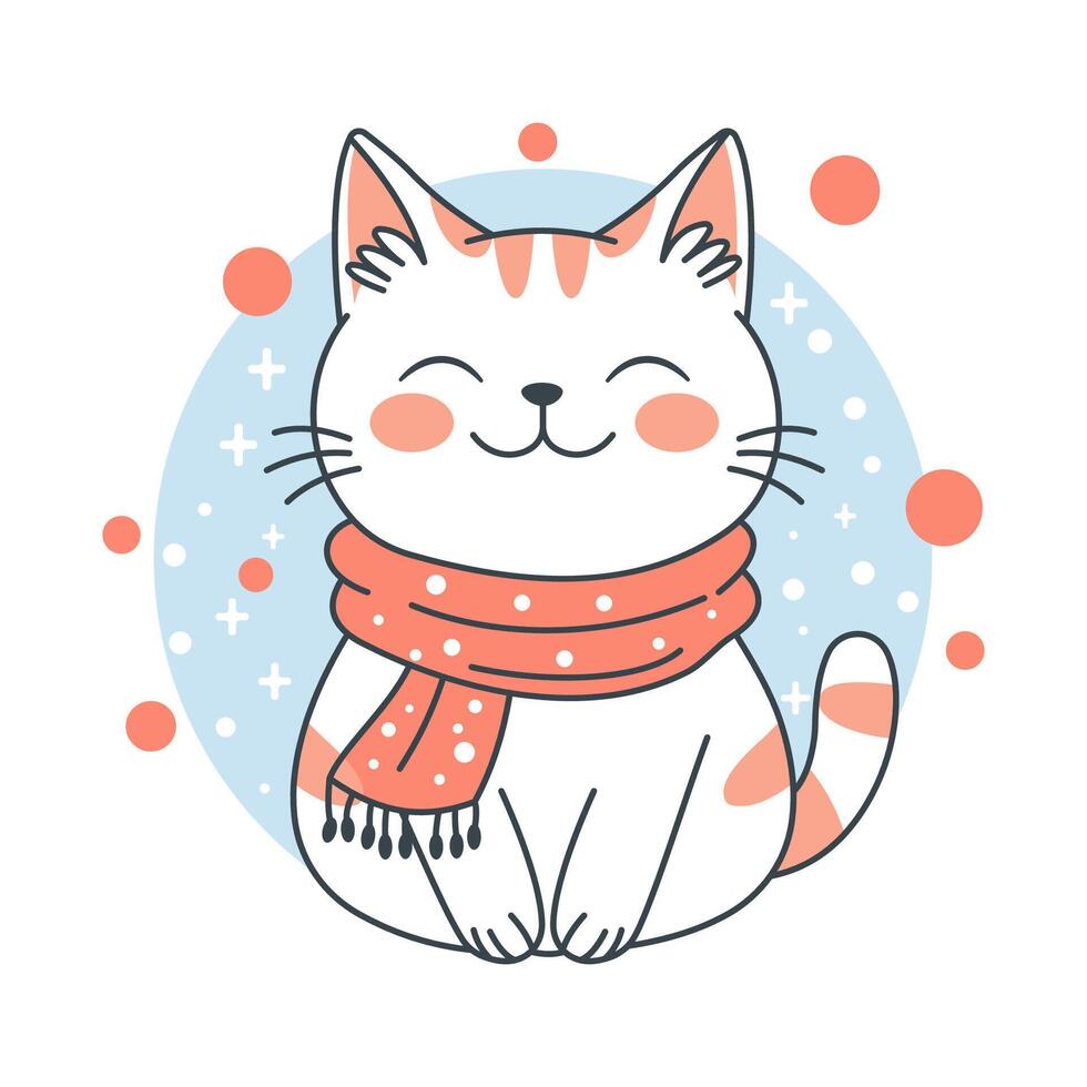 Cute Adorable White Cat Cartoon Character Wearing Scarf in Winter with Smiling Expression vector