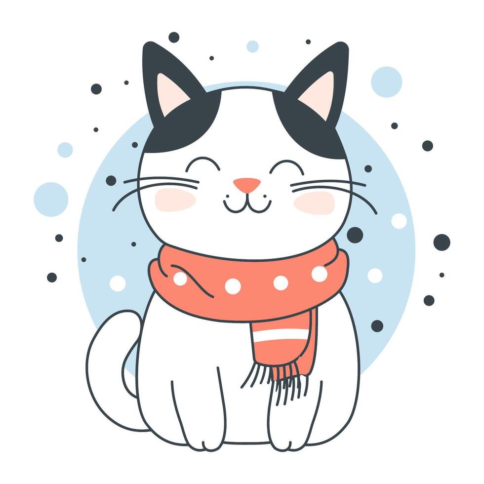 Cute Adorable Grey Cat Animal Cartoon Character Wearing Scarf with Smiling Expression vector