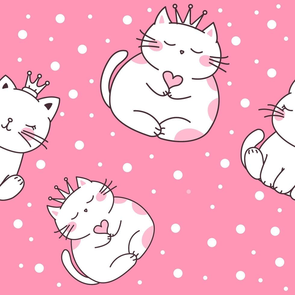 Seamless Pattern of Cute Cat Queen Wearing Crown with Snow Polka Dots Decoration on Pink Background vector