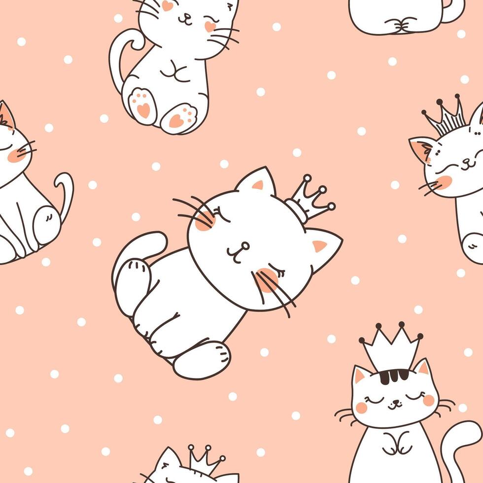 Seamless Pattern of Cute Cat Wearing Crown with Polka Dots Decoration on Brown Background vector