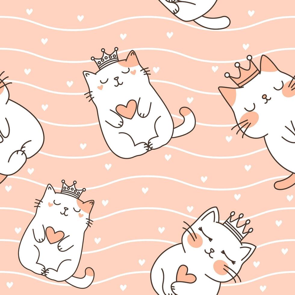 Seamless Pattern of Cute Love Cat Wearing Crown with Wavy Lines on Brown Background vector