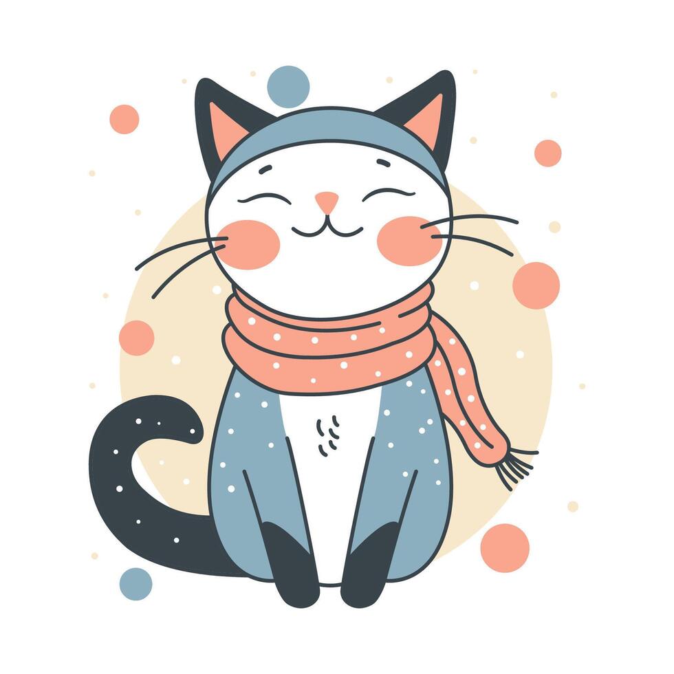 Cute Adorable Grey Cat Animal Cartoon Character Wearing Scarf with Smiling Expression vector