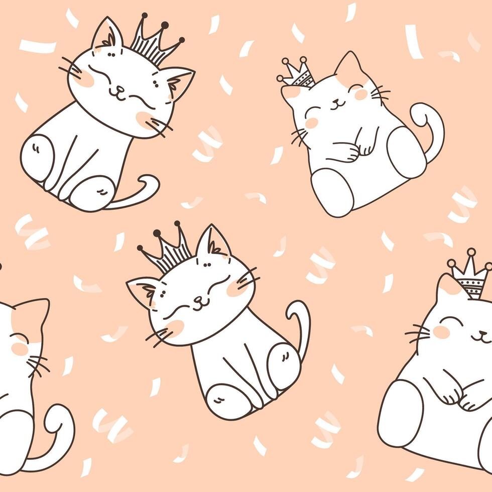 Seamless Pattern of Cute Cat Wearing Crown with Paper Confetti Decoration on Brown Background vector