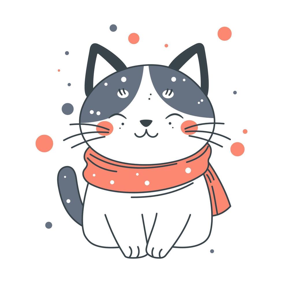 Cute Adorable Grey Cat Animal Cartoon Character Wearing Scarf with Smiling Expression vector
