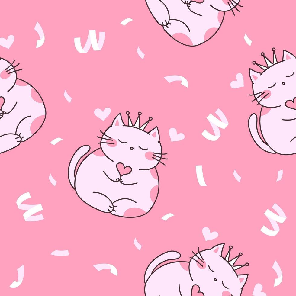 Seamless Pattern of Cute Love Cat Wearing Crown with Paper Confetti on Pink Background vector