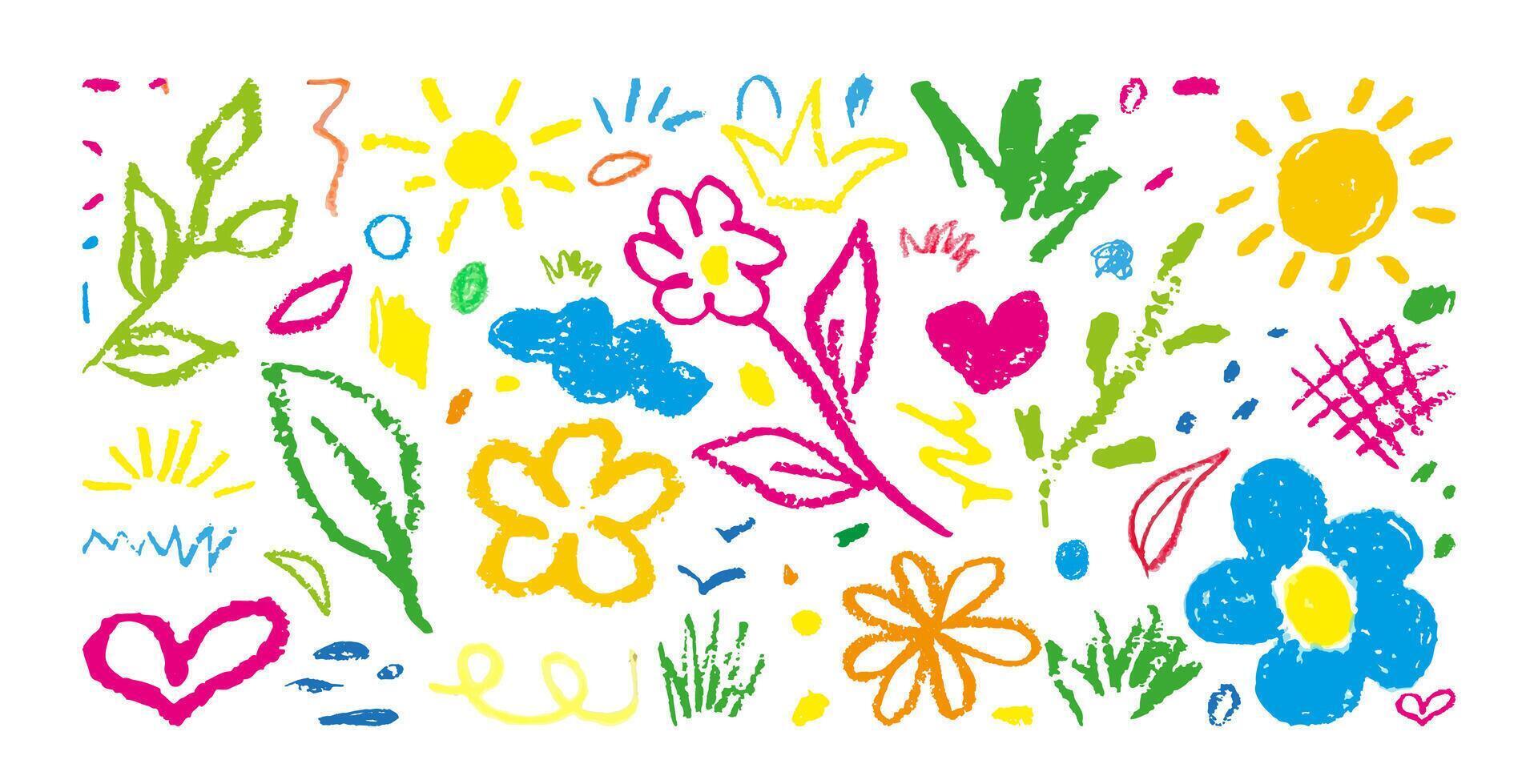 Charcoal Pencil Flowers for Kids in Vibrant Colors. Collection of Doodle Chalk Hand Drawn Squiggles. Elements, Cloud, Sun, Flower, Leaves, Plants, Strokes, Scribbles, heart, petal, crown, leaf. vector