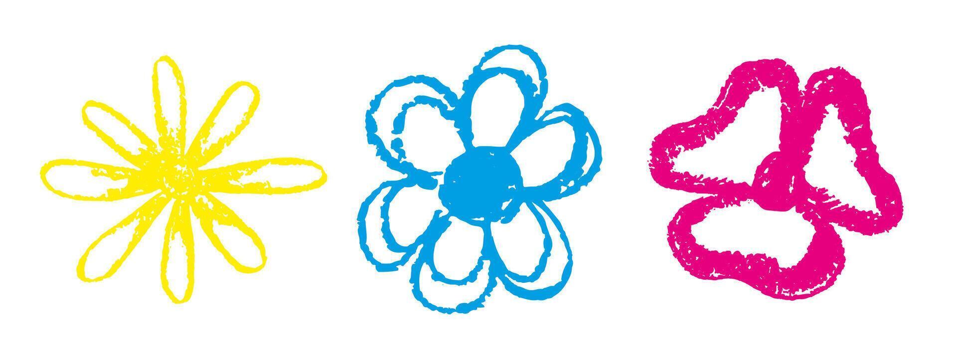 Hand drawing of colored flowers with charcoal pencil on white background. Illustration of flower with chalk Pencil for kids. Modern Plant drawing with chalk for banners, posters, web, social media. vector