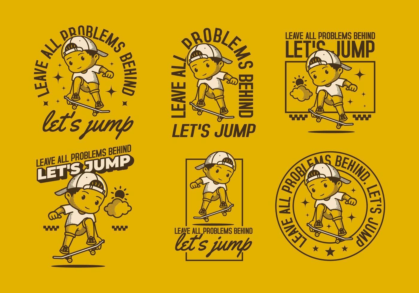 Leave all problems behind, Let's jump. Retro character illustration of a boy jumping on the skateboard vector